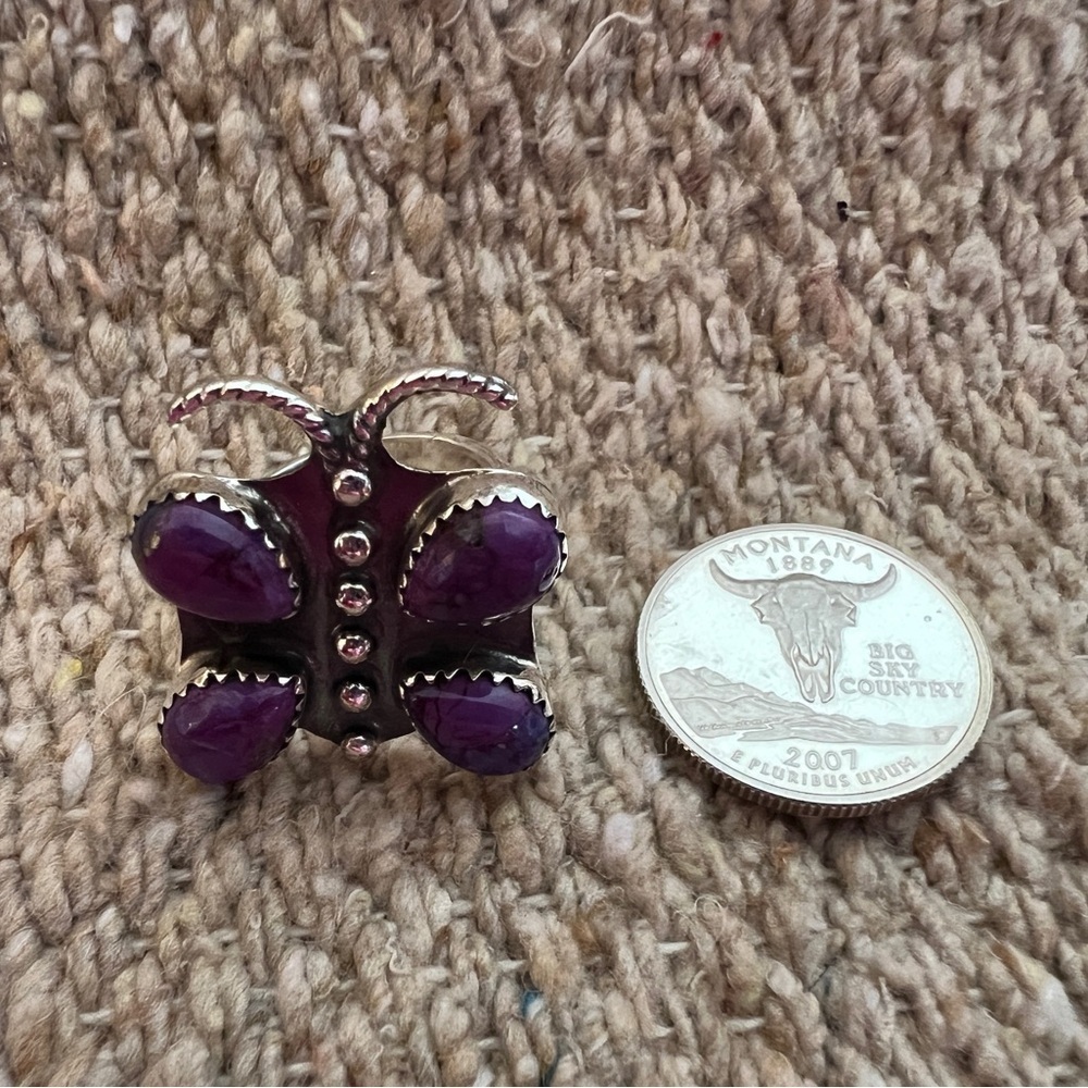 ❤️ Purple Dahlia Kingman Turquoise Butterfly Adjustable Sterling Ring 9.4 Gm - Picture 7 of 15